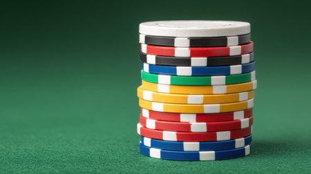 This high-definition image features a stack of colorful poker chips resting on a green table, perfect for illustrating casino themes, games, or wagering scenarios.の素材