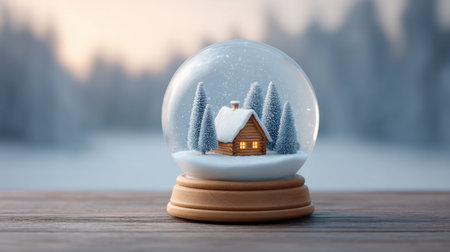 This enchanting snow globe showcases a tiny cottage nestled in a snowy forest, perfect for capturing the magic and tranquility of winter in any setting.の素材