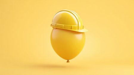 A vibrant yellow balloon wearing a hard hat floats effortlessly against a bright backdrop. This whimsical image is perfect for representing construction, fun events, or creative themes.の素材