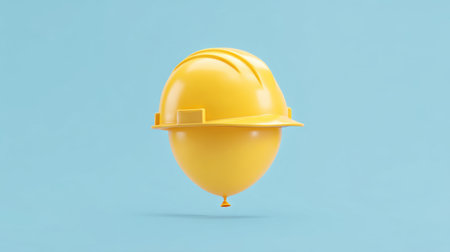 This image features a cheerful yellow construction helmet floating against a soft blue backdrop, embodying a whimsical blend of safety and playfulness in design.の素材