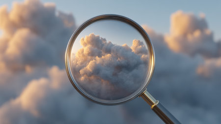 A captivating image of a magnifying glass focusing on a vibrant, cloudy sky, emphasizing circular detail and soft lighting, evoking moods of tranquility and beauty in nature.の素材
