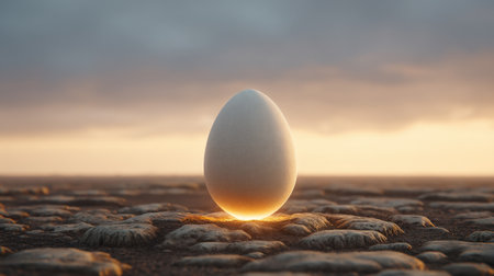 Discover the beauty of solitude with an elegant egg glowing softly in a desolate rocky field under a golden dusk sky, evoking peace and imagination.の素材