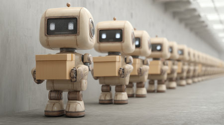 Small robots are lined up in a warehouse, each holding a package, demonstrating efficiency in logistics and showcasing modern automation in action.の素材