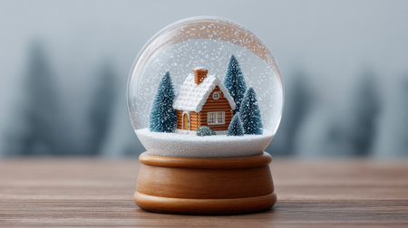 A stunning snow globe featuring a charming wooden house encircled by tall evergreen trees, depicting a delightful winter scene with glistening snowflakes.の素材