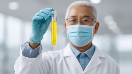 A scientist in a laboratory coat, mask, and gloves holds a test tube filled with bright yellow liquid, representing precision work and safety in a modern lab setting.の素材