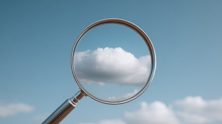 A captivating close-up view through a magnifying glass reveals a beautifully textured cloudy sky, showcasing a unique circular cloud formation and tranquil atmosphere.の素材