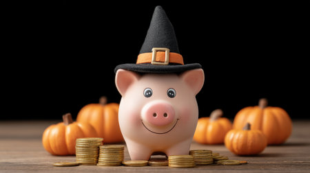A whimsical piggy bank wearing a witch's hat sits amidst gold coins and pumpkins, blending playful Halloween spirit with saving money concepts in a festive setting.の素材