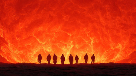 Experience the intense beauty of a hellish landscape featuring glowing lava and silhouetted figures against a backdrop of dramatic red flames and heat.の素材