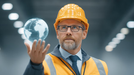 A warehouse supervisor in safety gear analyzes a 3D hologram of Earth, showcasing modern technology in a sleek distribution center, emphasizing efficiency and innovation.の素材