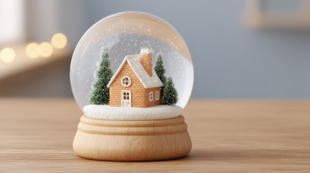 This charming snow globe features a quaint house surrounded by evergreen trees, encapsulating a serene snowfall, perfect for holiday-themed decorations and gifts.の素材