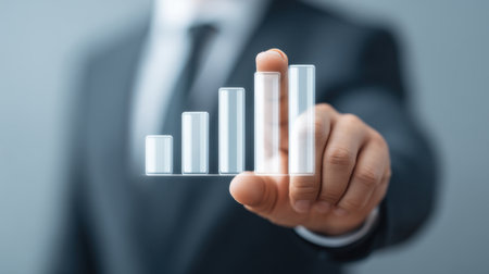 A professional executive hand showcases an upward trending graph on a transparent display, symbolizing business growth and strategic success in data analysis and presentation.の素材