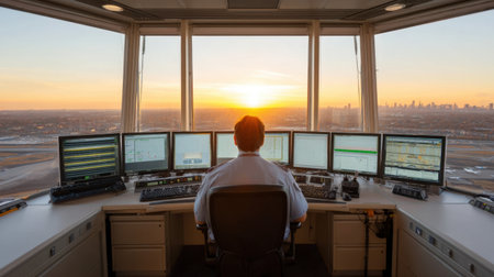 A dedicated air traffic controller observes flights from a tower, surrounded by multiple monitors, as the sunset casts a warm glow over the city skyline.の素材