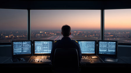 A focused air traffic controller sits in an airport control room at twilight, monitoring multiple radar screens and ensuring safe air traffic flow in a busy airport environment.の素材