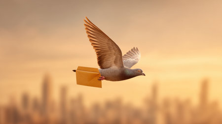 A serene image of a pigeon soaring through the air, delivering a letter. The warm sunset casts a beautiful glow over a city skyline, creating a peaceful atmosphere.の素材