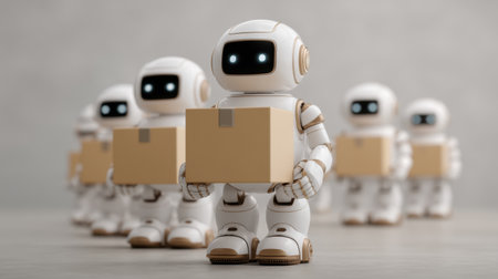 A lineup of modern robots in a warehouse, each carrying packages, showcasing the future of automation in logistics and their role in efficient operations.の素材