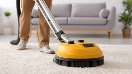 A close-up of a modern carpet cleaner in action on a soft carpet. The scene captures a fresh and clean living room, showcasing effective cleaning solutions.の素材