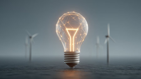 A conceptual image of a glowing light bulb with intricate energy lines connected to wind turbines, symbolizing the integration of renewable energy and future technology.の素材
