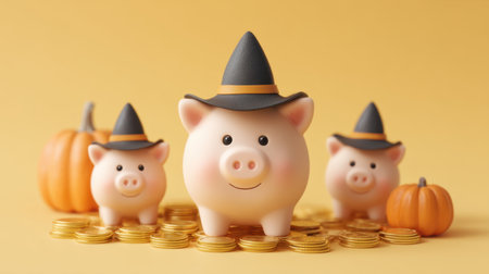 Delight in this whimsical scene featuring piggy banks wearing witch hats, surrounded by gold coins and pumpkins, perfect for Halloween savings inspiration.の素材