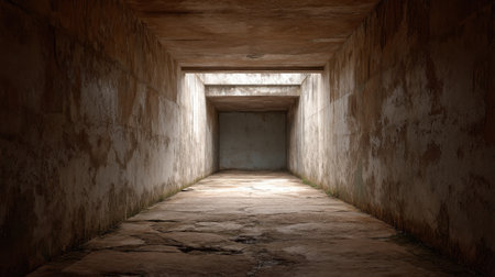 Discover a hauntingly beautiful concrete passage that fades into shadows, showcasing textured walls and flooring illuminated by soft light, evoking feelings of solitude.の素材