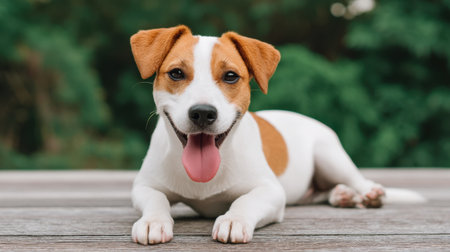 A playful dog lies relaxing on a wooden terrace, basking in sunshine, surrounded by lush greenery, capturing a serene moment perfect for nature lovers.の素材