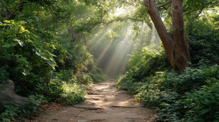 Discover a serene woodland path where vibrant rays of sunlight break through dense foliage, creating a tranquil atmosphere amidst lush greenery and towering trees.の素材