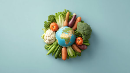 This captivating image features a globe surrounded by an array of fresh vegetables, symbolizing the importance of sustainability and healthy food choices for our planet.の素材