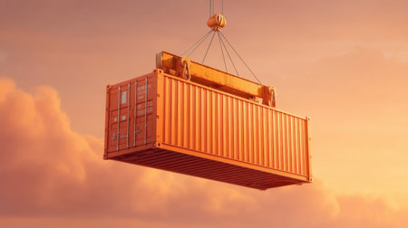 A striking image of an orange cargo container being lifted towards a plane during a captivating sunset, showcasing the industrial transport process against a vibrant sky.の素材