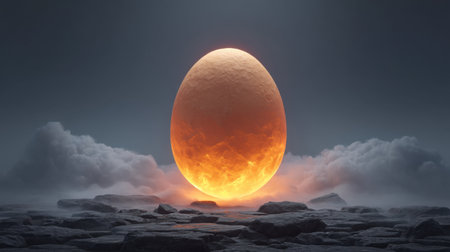 A serene egg appears amidst a soft fog on a rugged stone surface, illuminated by the warm glow of the sunset, creating a tranquil, mystical atmosphere perfect for contemplation.の素材