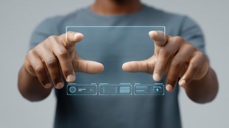 A person is interacting with a holographic display, showcasing an innovative onboarding process in a modern and immersive digital environment.の素材