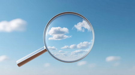 A magnifying glass reflects sunlight and captures the beauty of a clear blue sky filled with white fluffy clouds, inviting exploration and wonder in nature.の素材