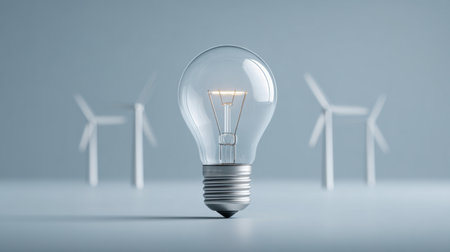 This image features a bright light bulb in front of spinning turbines, symbolizing the fusion of clean energy and innovation. The minimalist design enhances the concept of sustainability.の素材