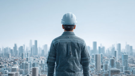 A man in a helmet stands before a virtual wireframe cityscape, symbolizing the merge of technology and urban planning in future architecture and development.の素材