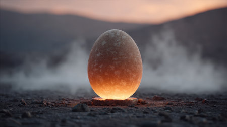 A serene egg glows softly amidst a foggy stony landscape at sunset. The warm hues create a mystical atmosphere, inviting contemplation and exploration of nature's wonders.の素材