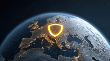 This dynamic image portrays a glowing shield on a digital globe, emphasizing Europe. The visual combines modern technology with a striking aesthetic, perfect for thematic projects.の素材