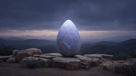 A serene and ethereal egg emits a glowing light, perched atop rugged mountain rocks during twilight. The atmospheric landscape creates a magical view of nature's beauty.の素材