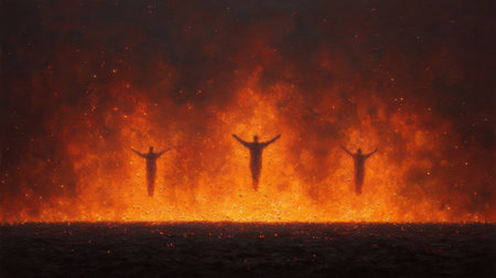 A dramatic depiction of silhouetted figures against a fiery horizon, surrounded by rising embers and flames, evoking feelings of intensity and transformation.の素材