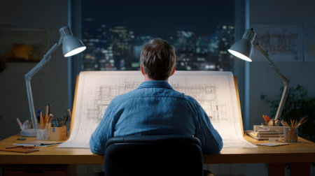 An architect reviews detailed construction plans late at night, illuminated by bright desk lamps, focused amidst an inspiring cityscape view.の素材
