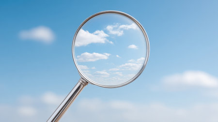 This image features a magnifying glass reflecting a bright blue sky dotted with clouds, showcasing clarity and detail while capturing sunlight in a tranquil outdoor setting.の素材