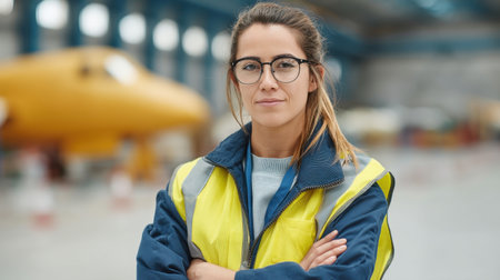 A confident woman wearing a safety vest stands in an aircraft hangar, showcasing her determination and professionalism in the aviation industry. Perfect for teamwork themes.の素材