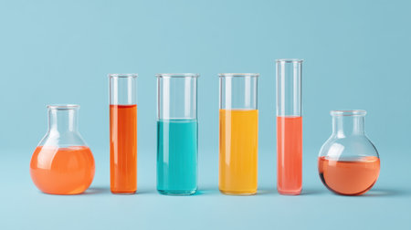 A visually striking arrangement of laboratory glassware showcasing vibrant colored liquids in test tubes and flasks, perfect for educational and scientific themes.の素材