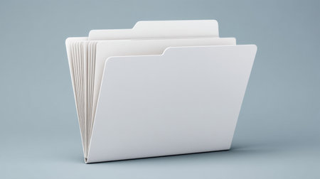 A clean white file folder with multiple divisions, designed for organizing important documents and paperwork in a neat and professional manner against a soft blue background.の素材