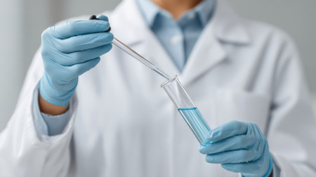 A laboratory scientist wearing blue gloves conducts an experiment, using a pipette to dispense a clear liquid in a test tube, highlighting precision in research.の素材