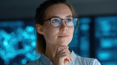 A thoughtful woman in glasses contemplates data displayed on a screen in a modern office, surrounded by blue light reflections, showcasing technology and analysis.の素材