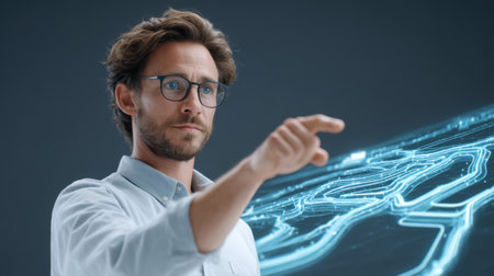 A focused supervisor utilizes a hologram to analyze complex 3D designs in a warehouse setting, enhancing team collaboration and innovative strategies for project execution.の素材