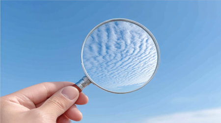 A magnifying glass captures stunning cloud patterns against a bright blue sky, offering a unique perspective on nature's intricate beauty and inviting serene reflections.の素材