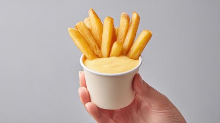 A hand holds a cup filled with crispy golden fries accompanied by a rich cheese dip, creating an appealing snack perfect for quick bites and food lovers.の素材