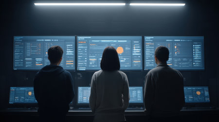 A team of security professionals monitor critical threat intelligence displayed on multiple advanced dashboards in a modern control room, ensuring safety and response readiness.の素材