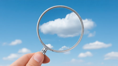 A hand holds a glass magnifying lens against a bright blue sky filled with soft white clouds, creating a unique perspective of the serene outdoor environment.の素材