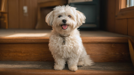 A cheerful dog sits happily on wooden steps, radiating joy and warmth. This cozy home environment is filled with natural light, making it a perfect pet portrait.の素材