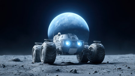A stunning image of a futuristic lunar rover on a cratered moon surface, illuminated by a glowing blue planet above, showcasing advanced technology and exploration themes.の素材